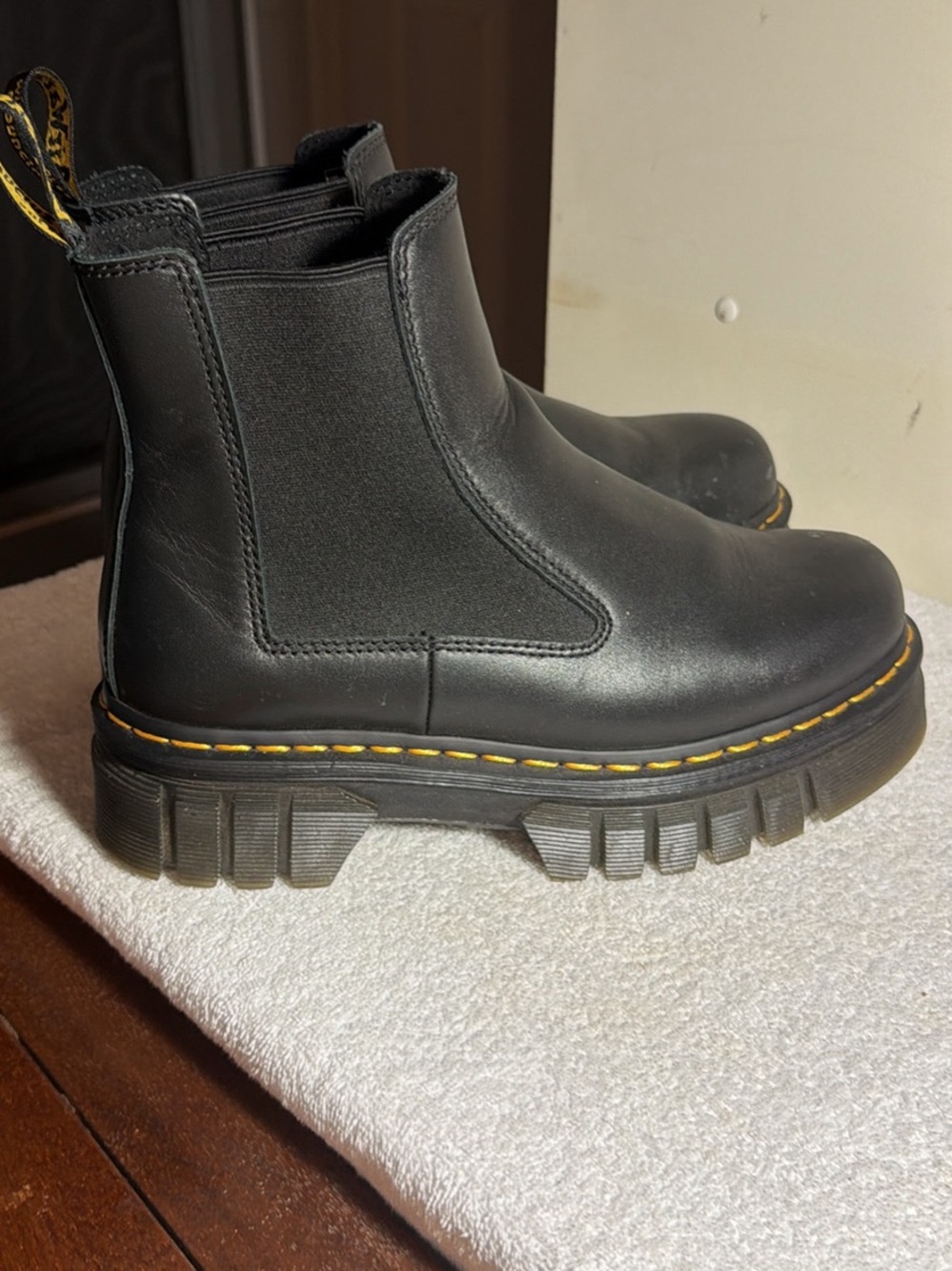 Dr. Martens Black Leather Chunky Chelsea Boots with Yellow Stitching